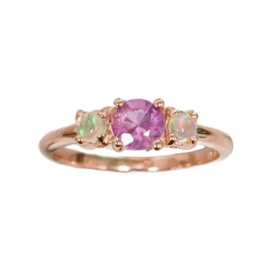 Burmese Pink Sapphire and Opal Three Stone Ring