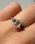 Oval Rose Cut Heart Black Diamond Three Stone Ring