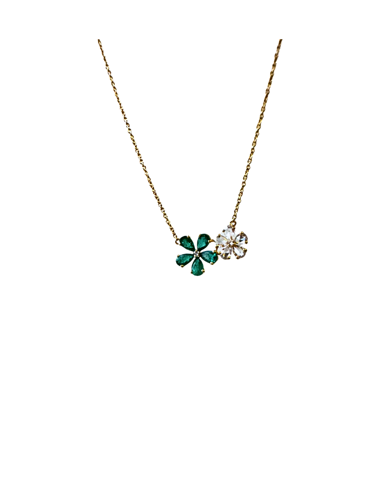 Emerald and Diamond Double Flower Necklace 18k