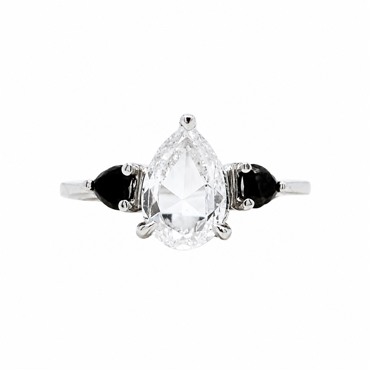 Pear Rose Cut Heart Black Diamond Three Stone Ring