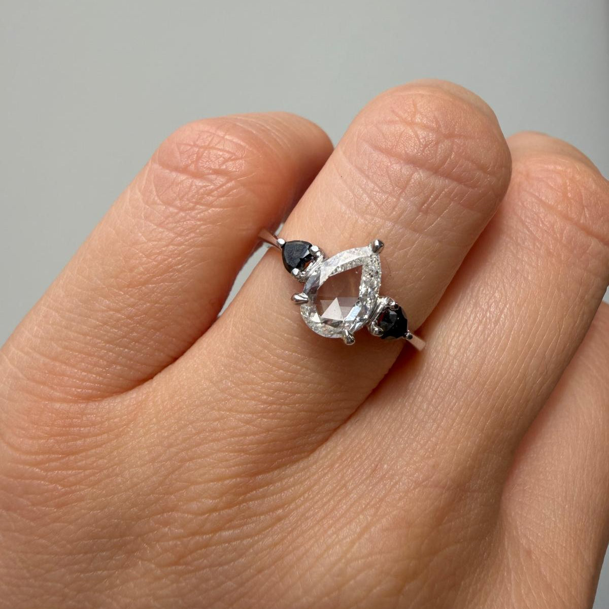 Pear Rose Cut Heart Black Diamond Three Stone Ring