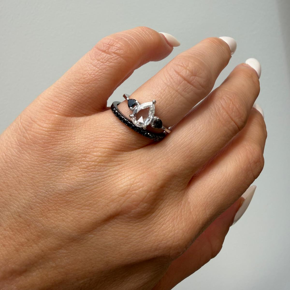 Pear Rose Cut Heart Black Diamond Three Stone Ring