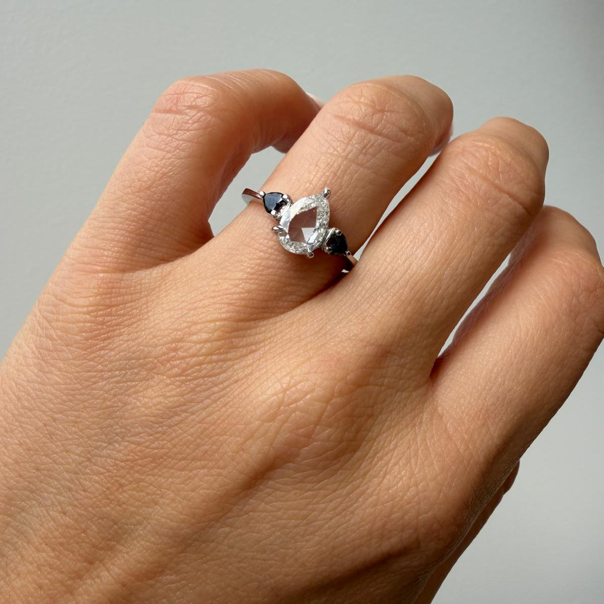 Pear Rose Cut Heart Black Diamond Three Stone Ring