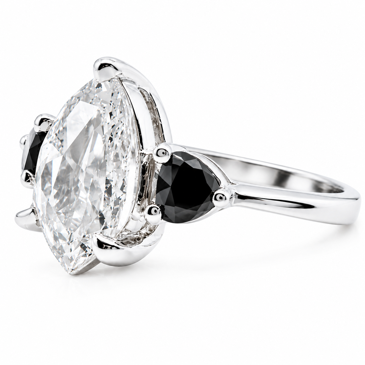 Pear Rose Cut Heart Black Diamond Three Stone Ring