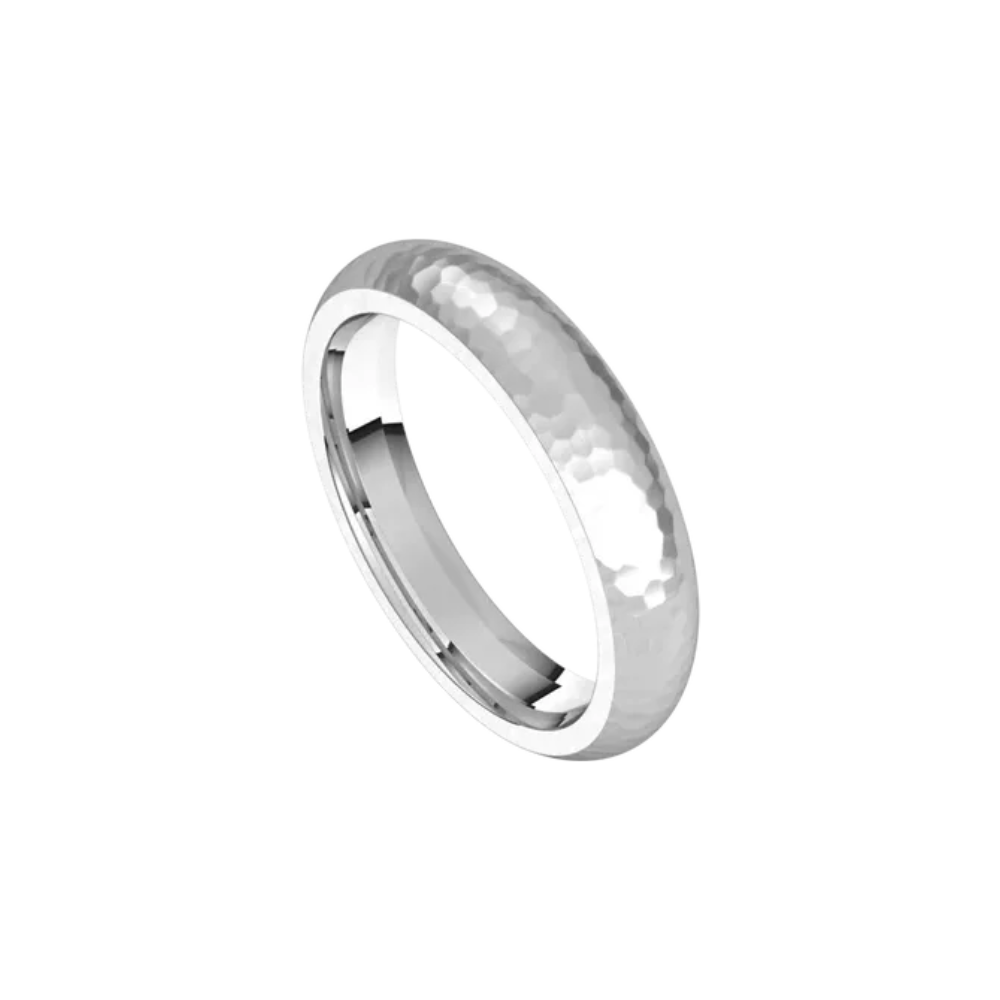 mens comfort fit half round ring satin hammer finish white gold, silver, or platinum color 4mm