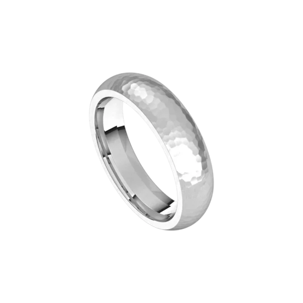 mens comfort fit half round ring satin hammer finish 5mm white gold, silver, or platinum color