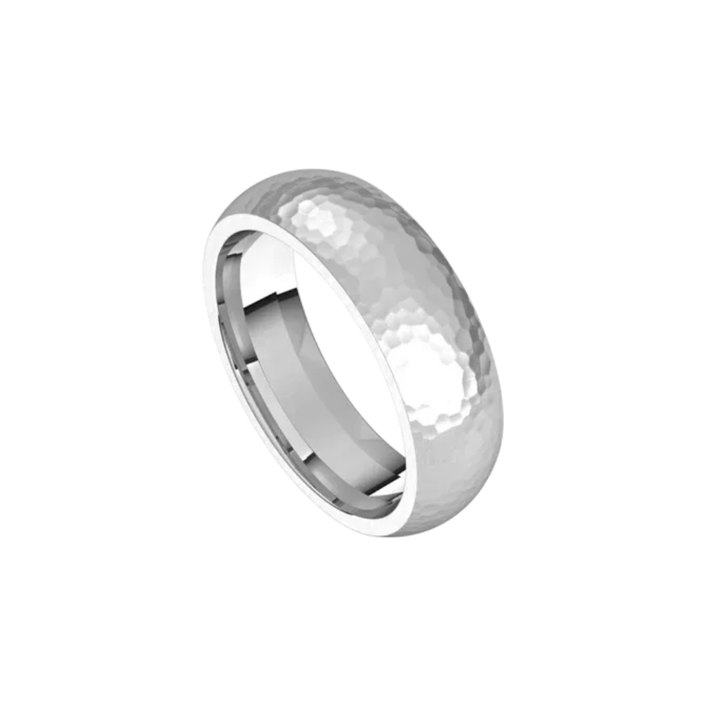 mens comfort fit half round ring satin hammer finish 6mm white gold, silver, or platinum color