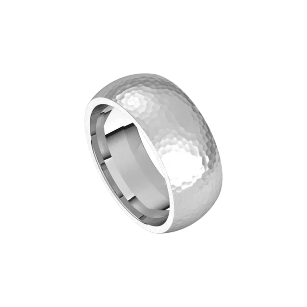 mens comfort fit half round ring satin hammer finish 8mm white gold, silver, or platinum color