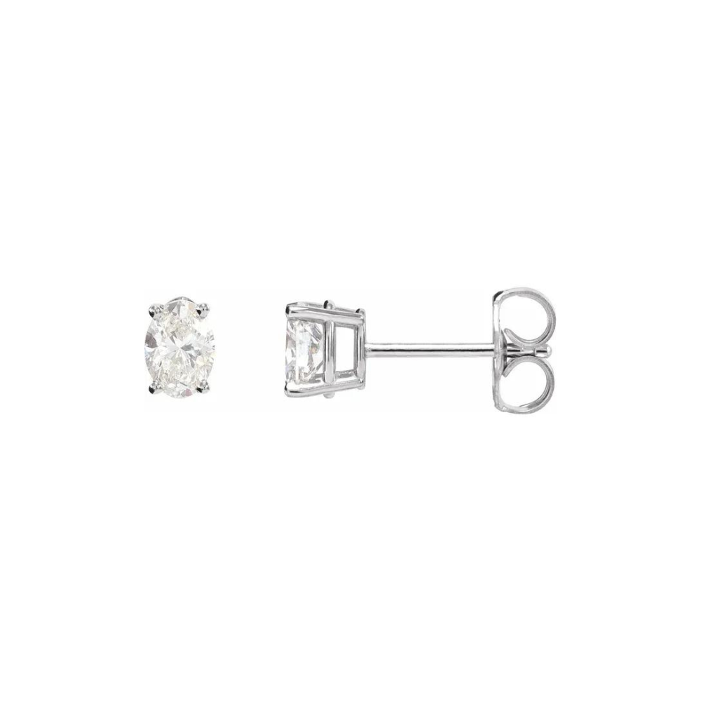 natural diamond oval stud earring 14K white gold setting friction backing