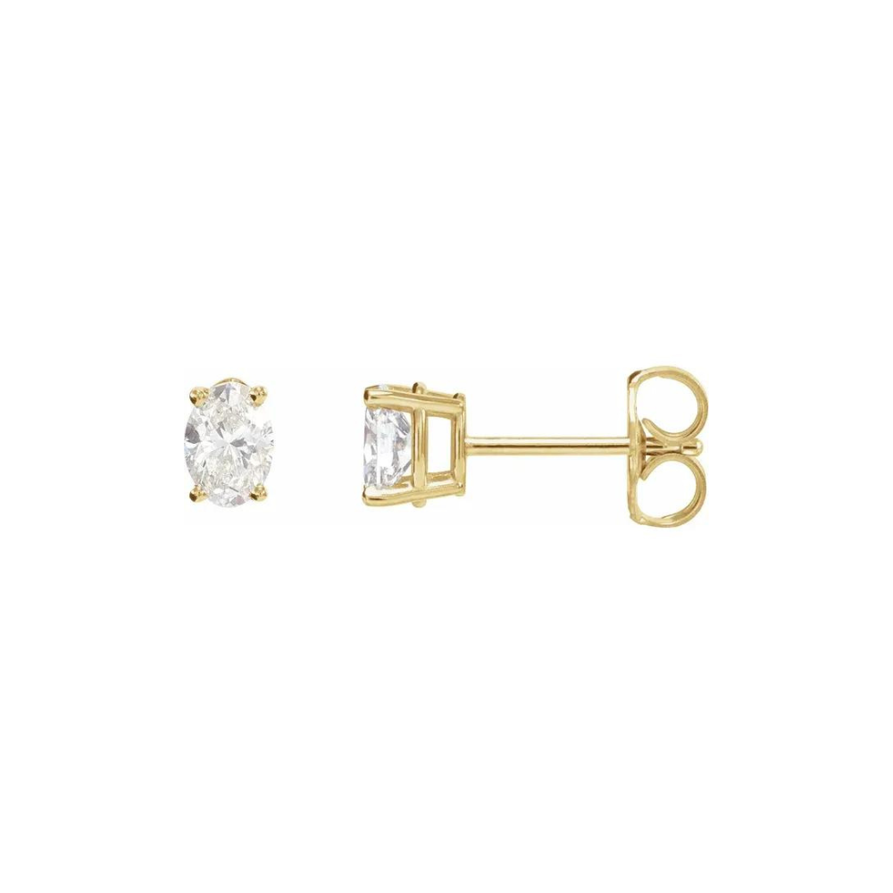 natural diamond oval stud earring 14K yellow gold setting friction backing