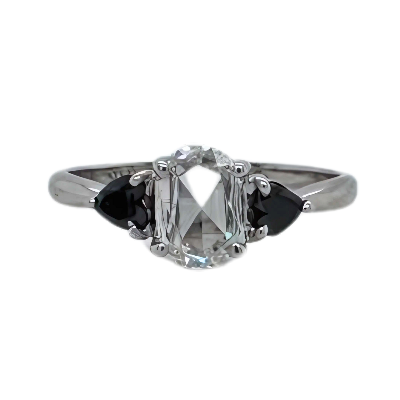 Oval Rose Cut Heart Black Diamond Three Stone Ring