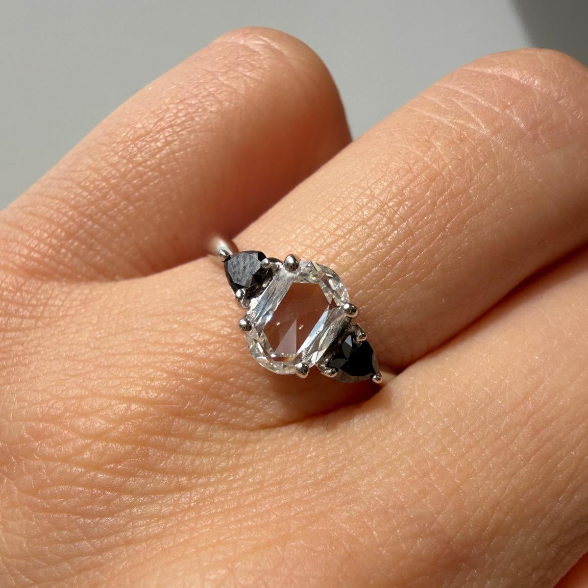 Oval Rose Cut Heart Black Diamond Three Stone Ring
