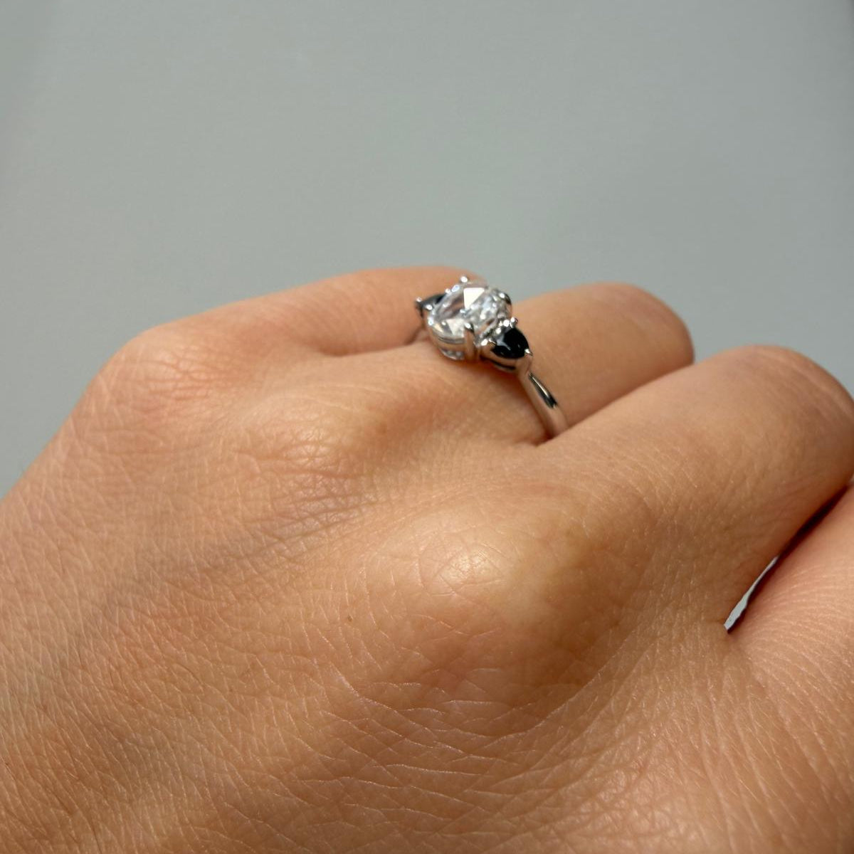 Oval Rose Cut Heart Black Diamond Three Stone Ring