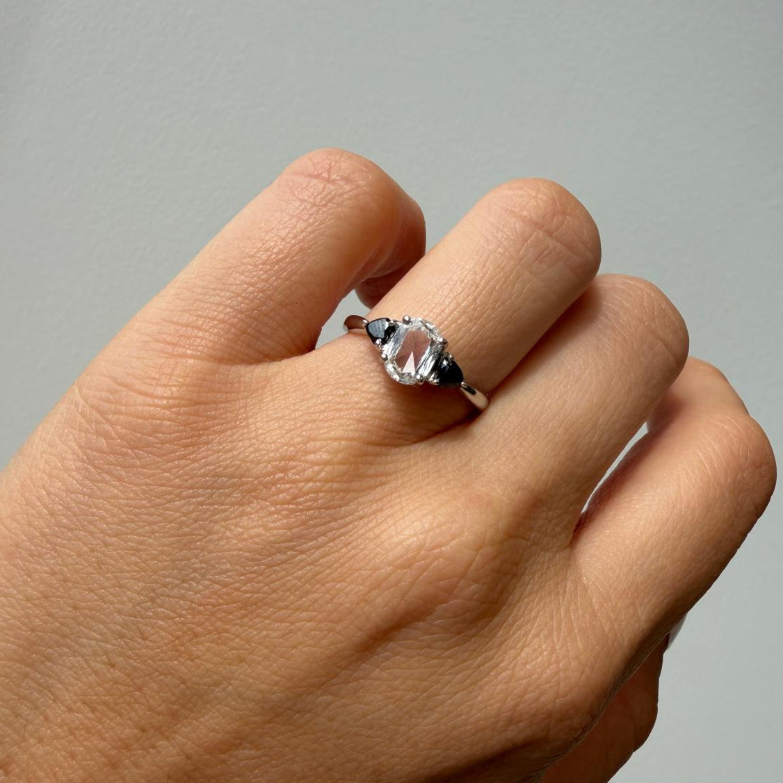 Oval Rose Cut Heart Black Diamond Three Stone Ring