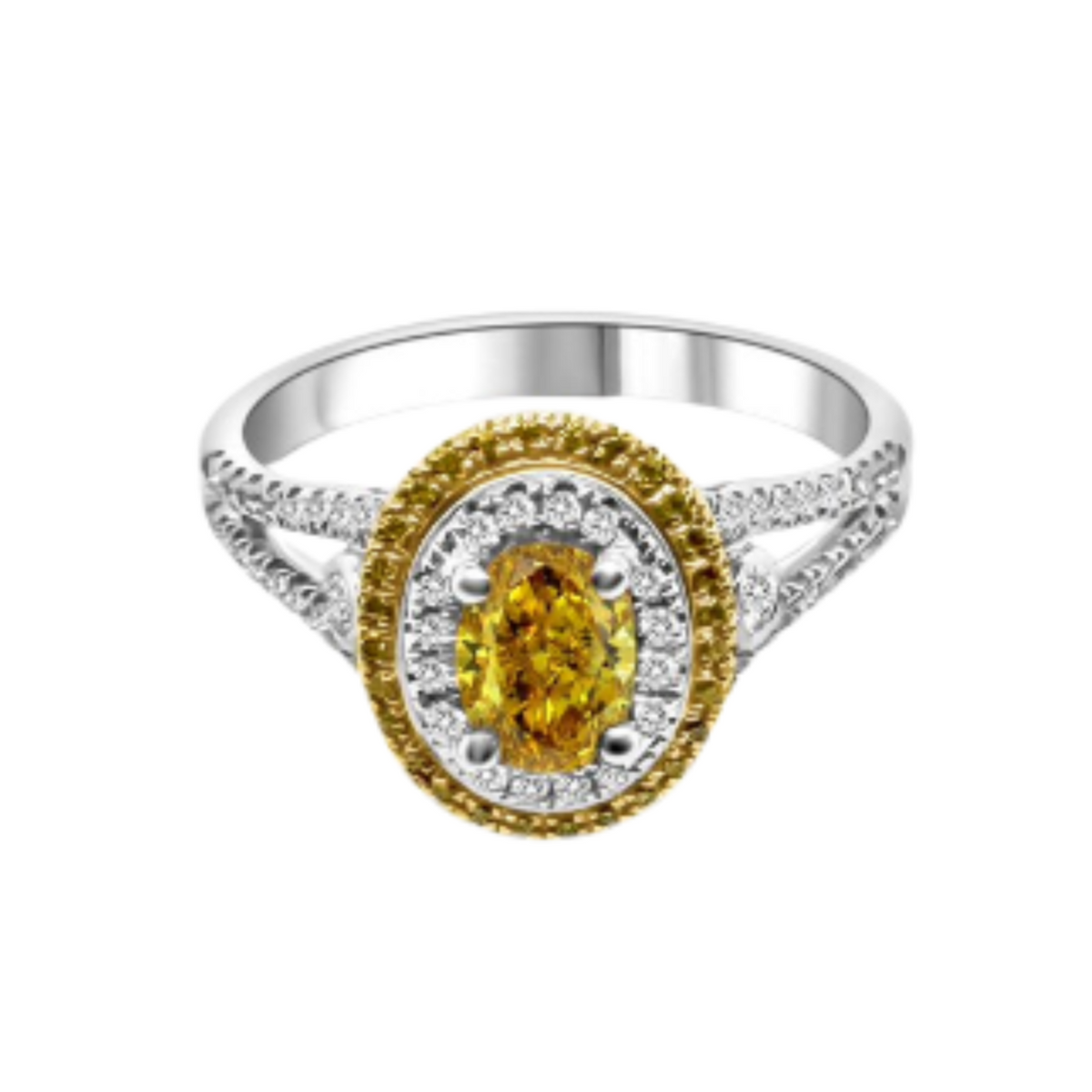 An oval halo ring featuring a yellow center stone, surrounded by a yellow and white diamond halo, with a white diamond-accented band, shown on a plain white background.