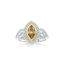 Champagne Marquise and Pear Three Stone Halo Diamond Ring - Rings