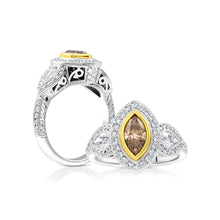 Champagne Marquise and Pear Three Stone Halo Diamond Ring - Rings