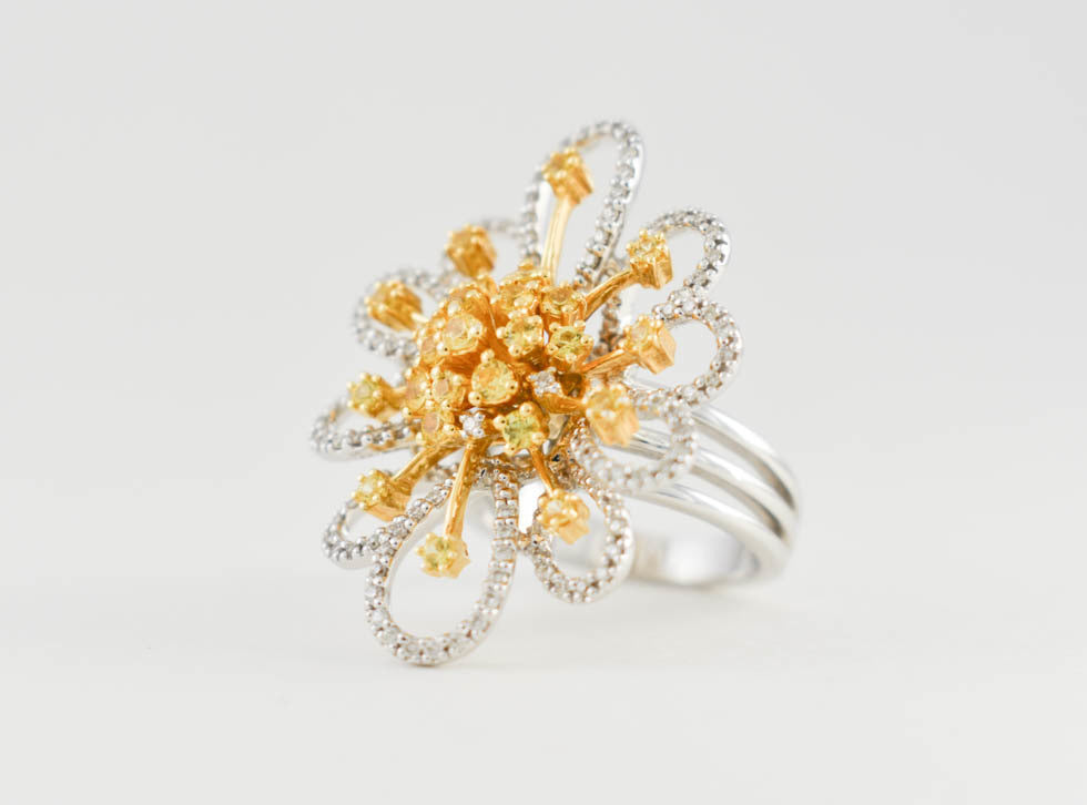 Fancy Flower Yellow Diamond Ring - Rings
