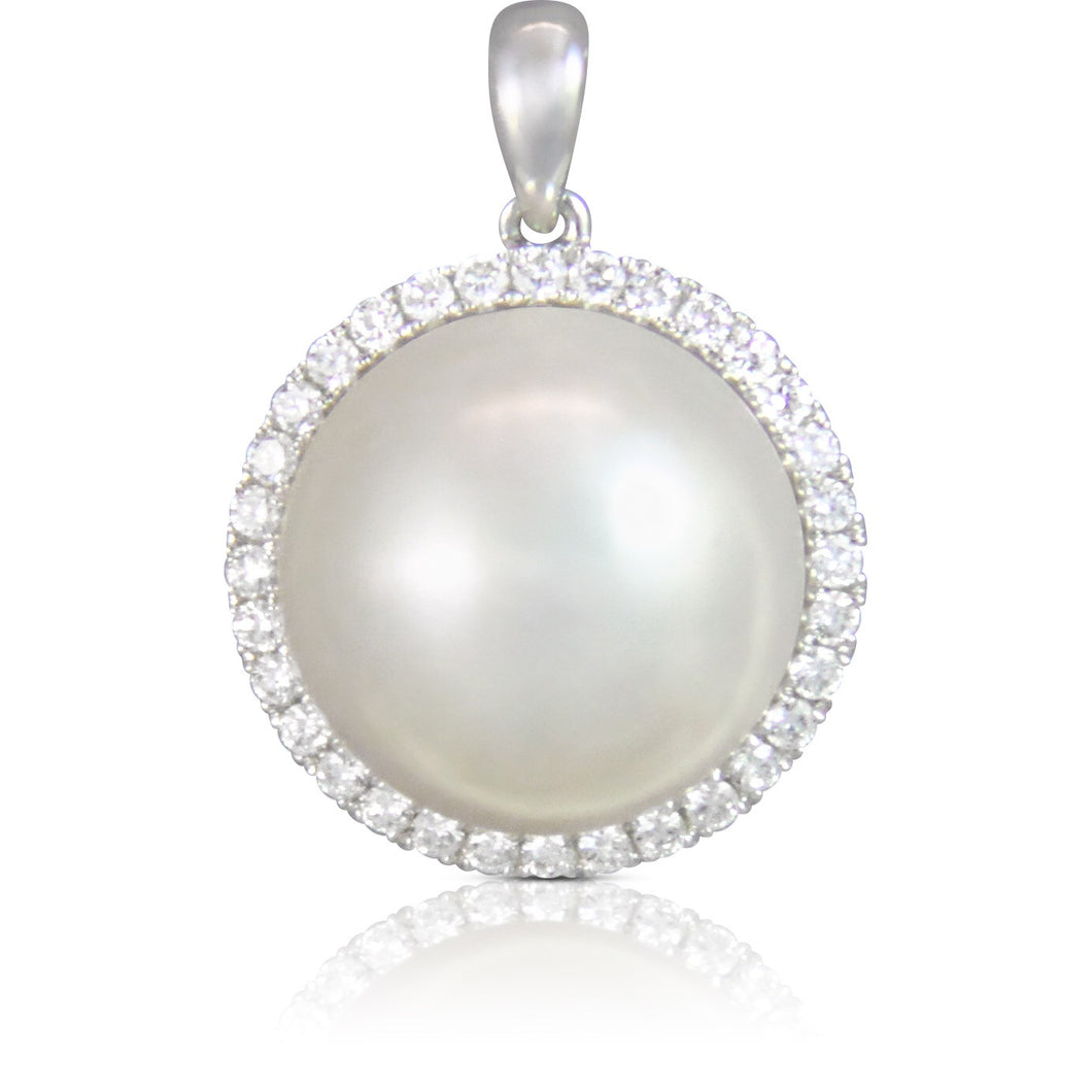 Round Diamond Halo White Pearl Pendant - Necklace